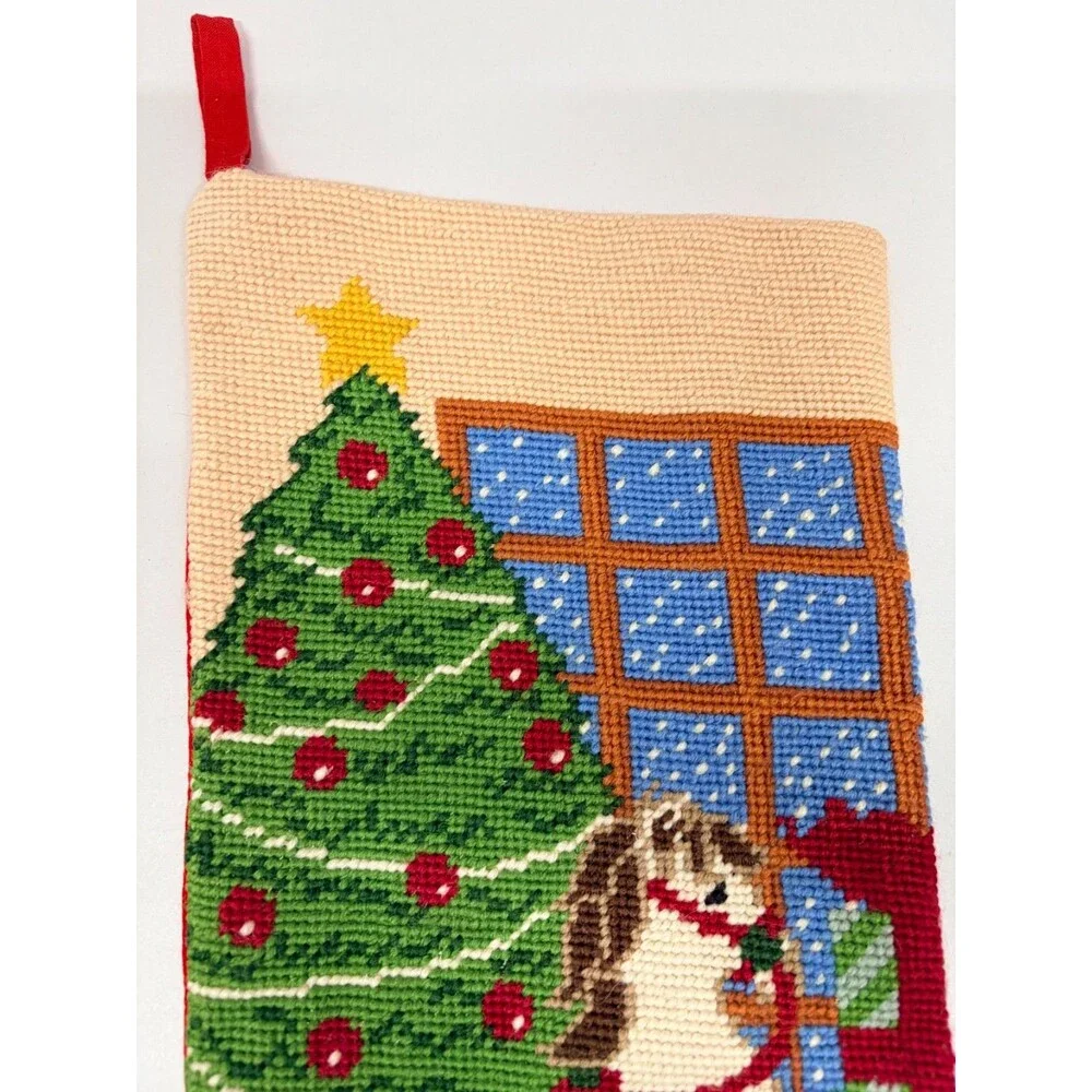Vintage Wool Needle Point Christmas Stocking Red Velvet Rocking Horse 16”